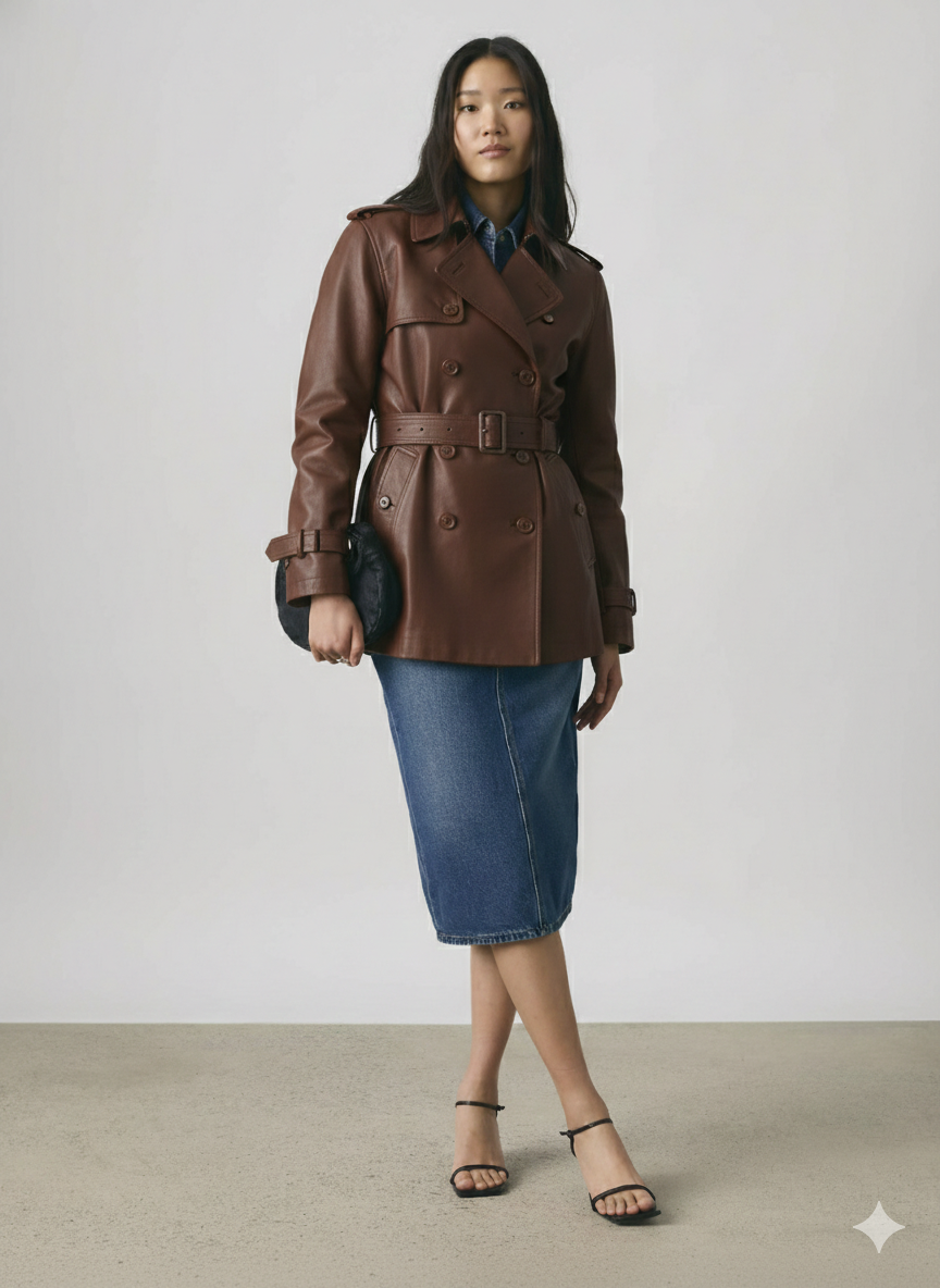 Women Burgundy Leather Trench Coat