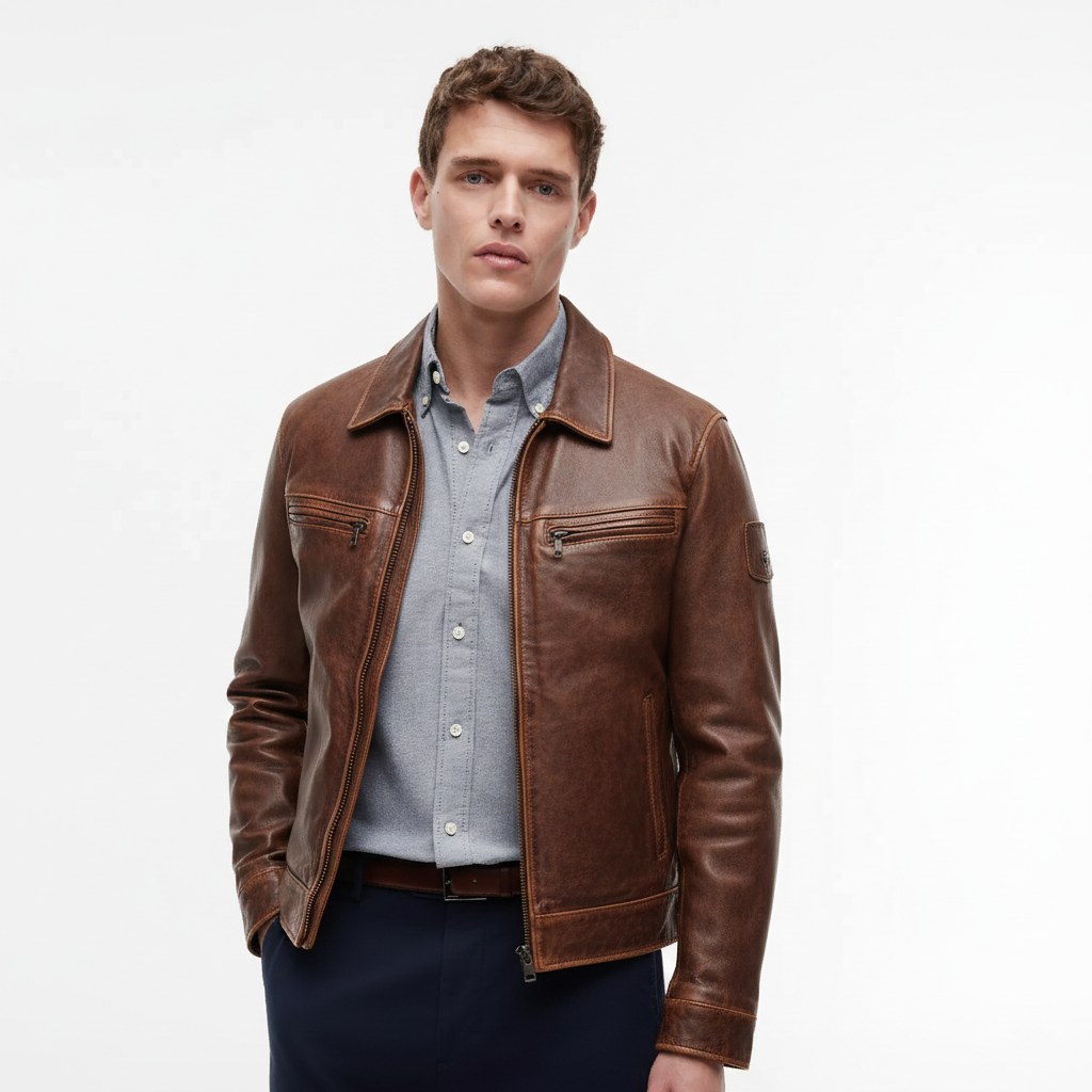 Men's Waxed Brown Cafe Racer Leather Jacket