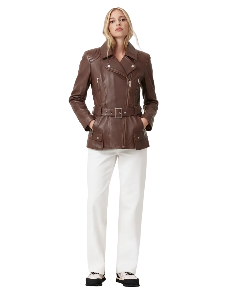 Men's slim fit brown leather biker jacket front view with offset YKK zip