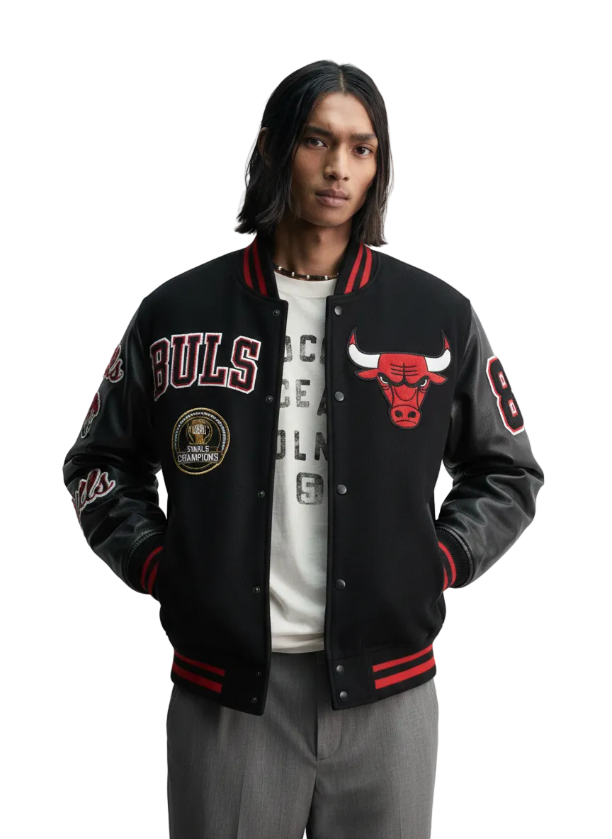 Chicago Bulls white and red leather bomber jacket front view with standing collar
