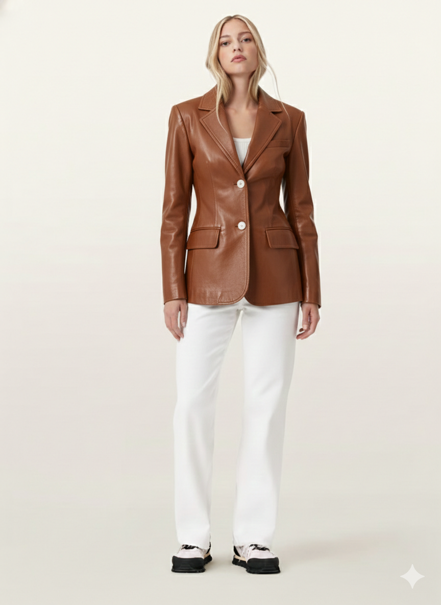 Women's Leather Blazer Causal Coat - Traditional