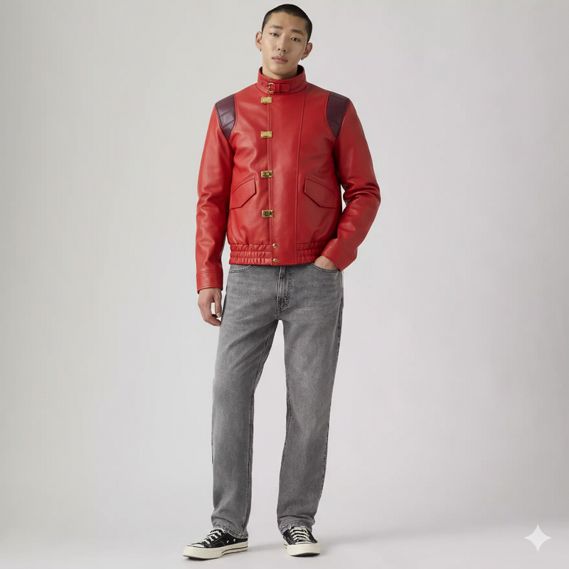 Akira Capsule Bomber Leather Jacket - Cyberpunk Red & Black Urban Moto Coat