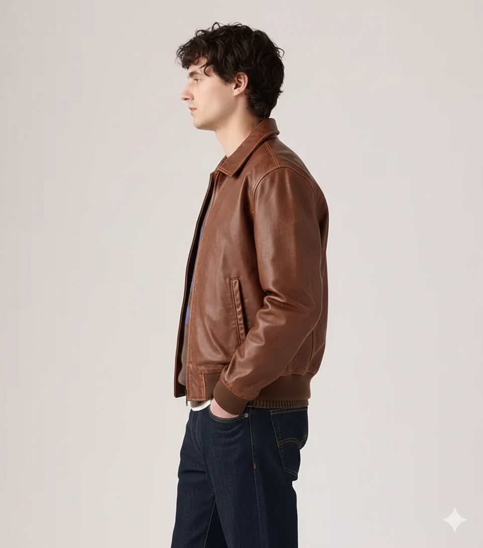 Men Brown Bomber Leather Jacket