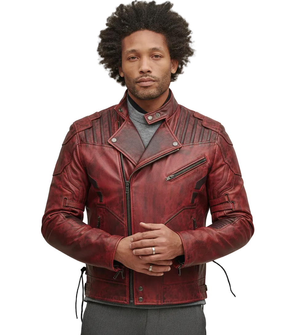 Guardian of the Galaxy Star-Lord maroon leather jacket front view with stand-up collar