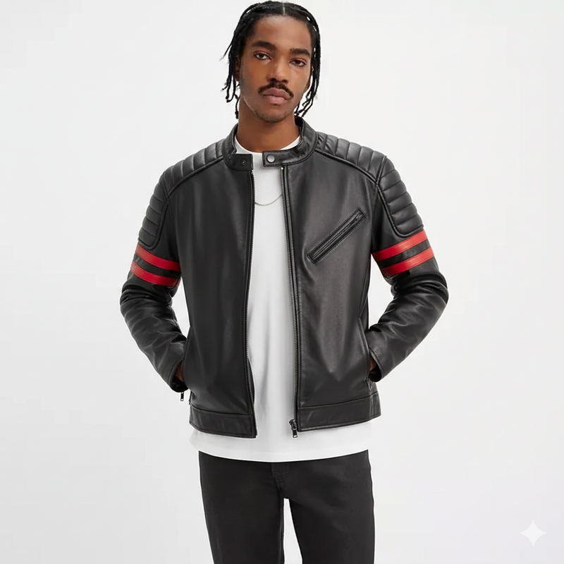 Fight Club Inspired Men's Genuine Leather Jacket - Black with Red Stripes