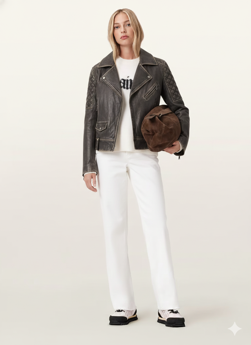 Women's Vintage Quilted Biker Leather Jacket - Diamond