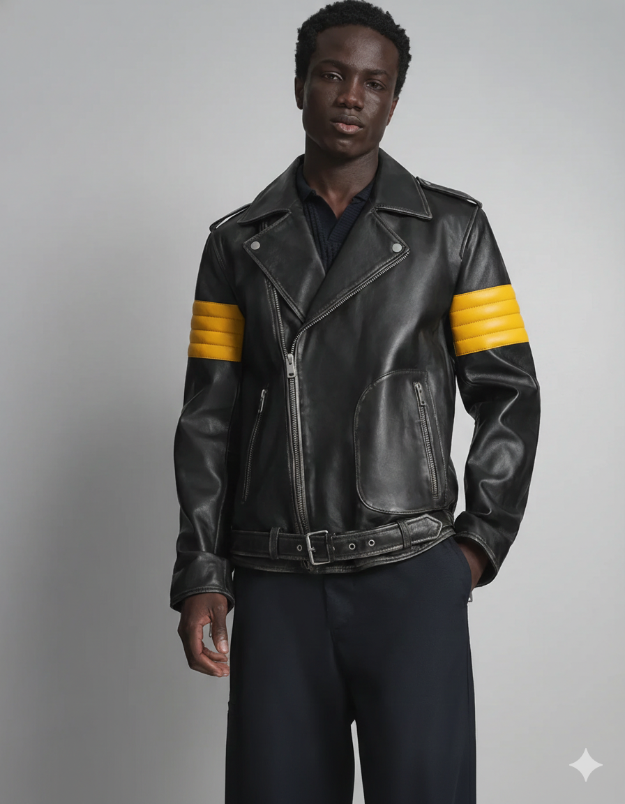 Men's Yellow Striped Asymmetrical Zipper Leather Jacket