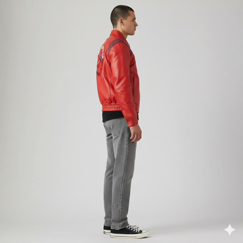 Akira Capsule Bomber Leather Jacket - Cyberpunk Red & Black Urban Moto Coat