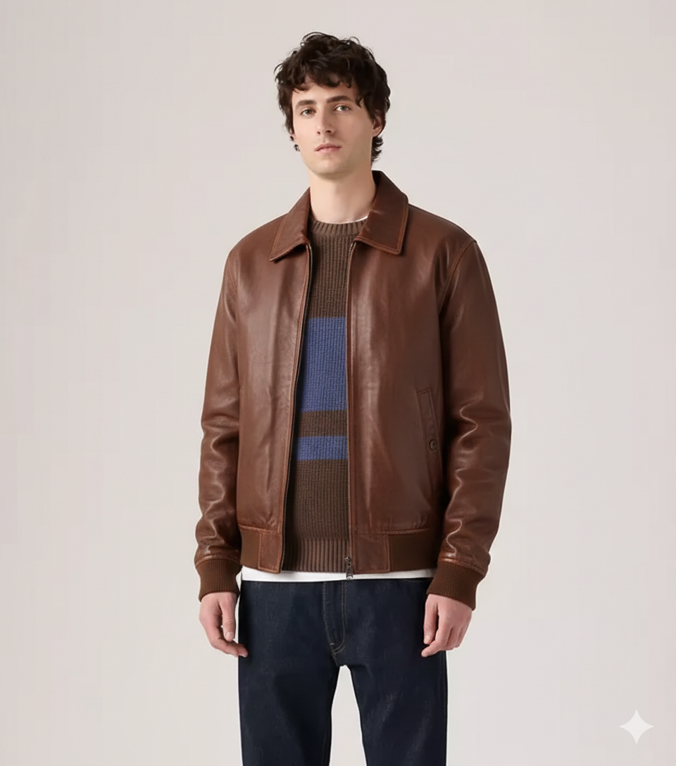 Men Brown Bomber Leather Jacket