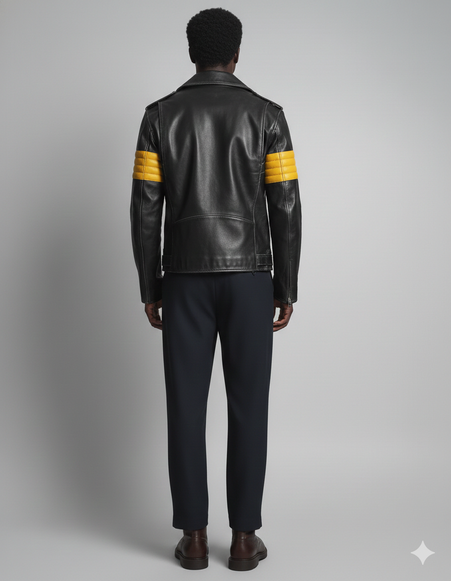 Men's Yellow Striped Asymmetrical Zipper Leather Jacket