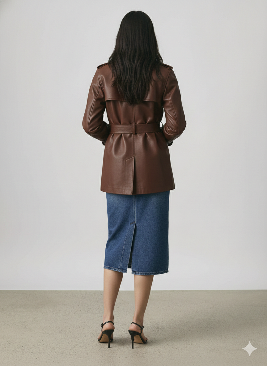 Women Burgundy Leather Trench Coat