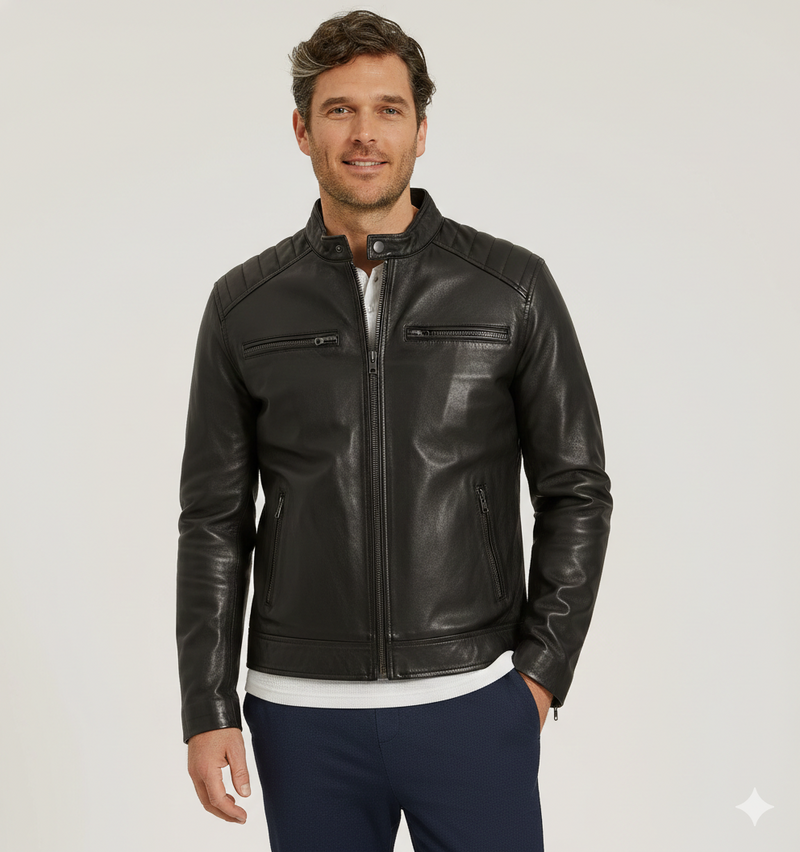Men's Quilted Shoulder Motorcycle Leather Jacket