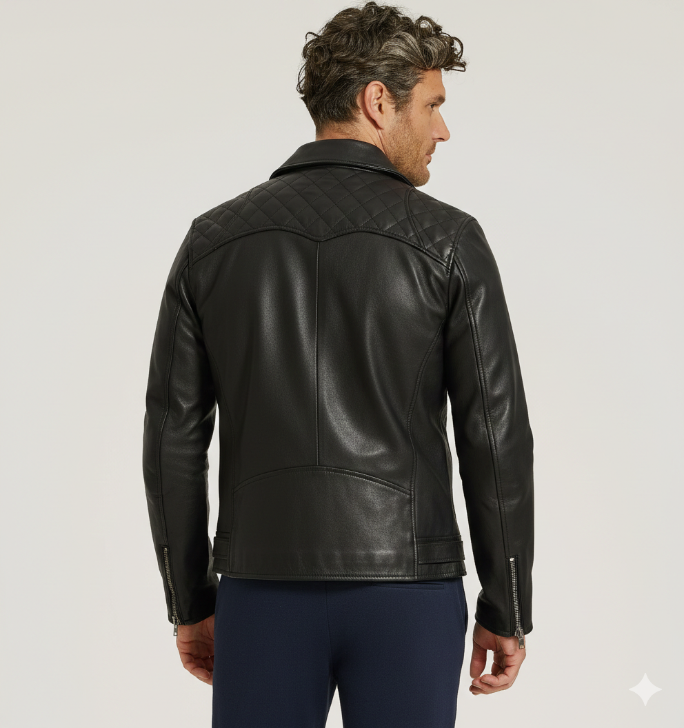 Men's Quilted Shoulder Motorcycle Leather Jacket