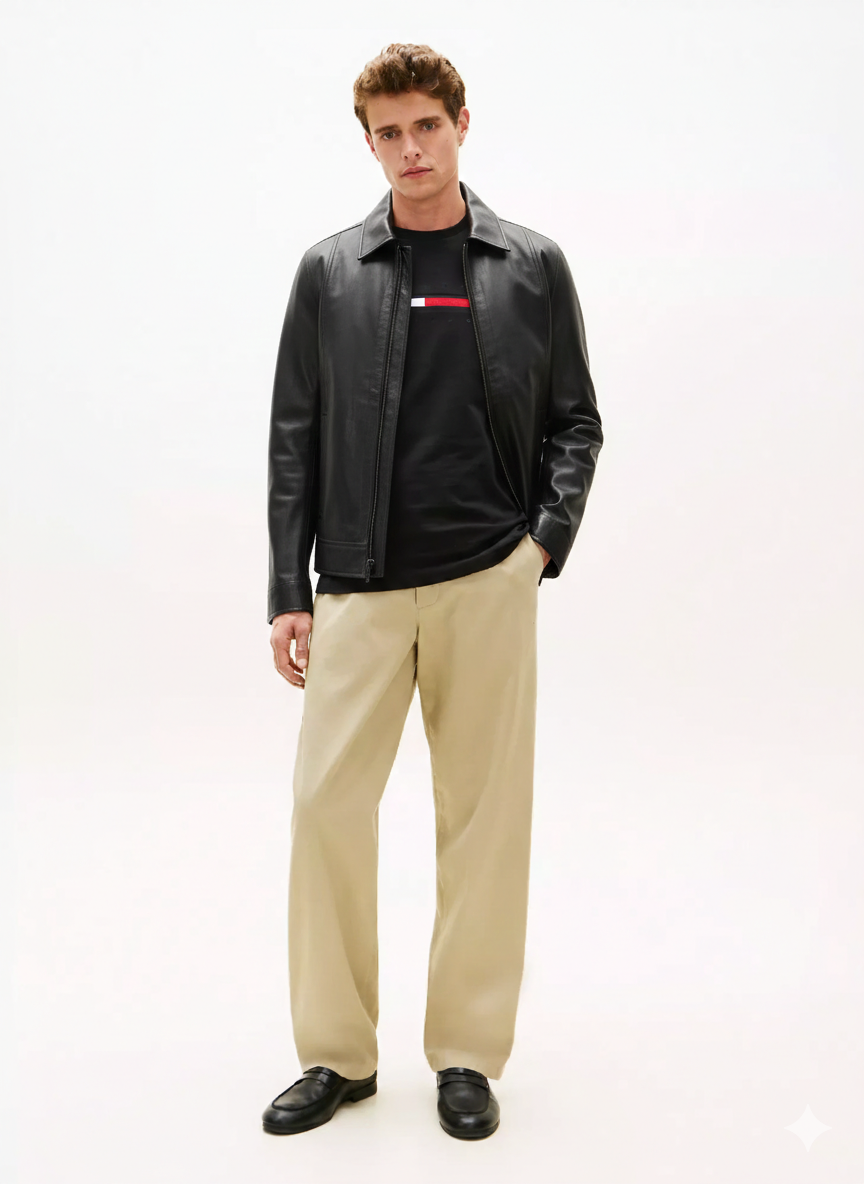 Men's Shoulder Strap Bomber Leather Jacket