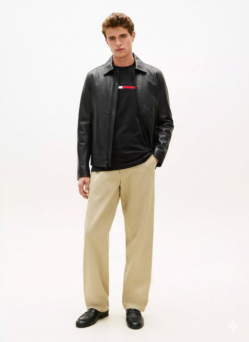 Men's Shoulder Strap Bomber Leather Jacket