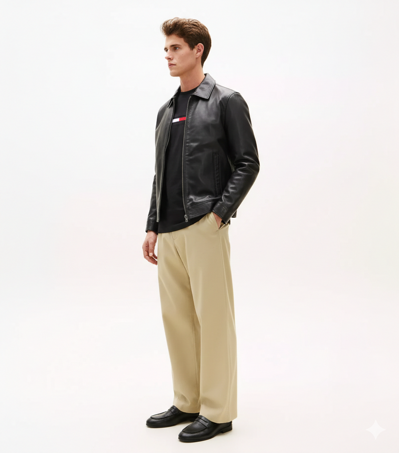 Men's Shoulder Strap Bomber Leather Jacket