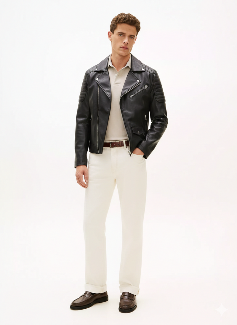 Men's Slim Fit Biker Leather Jacket - Racer