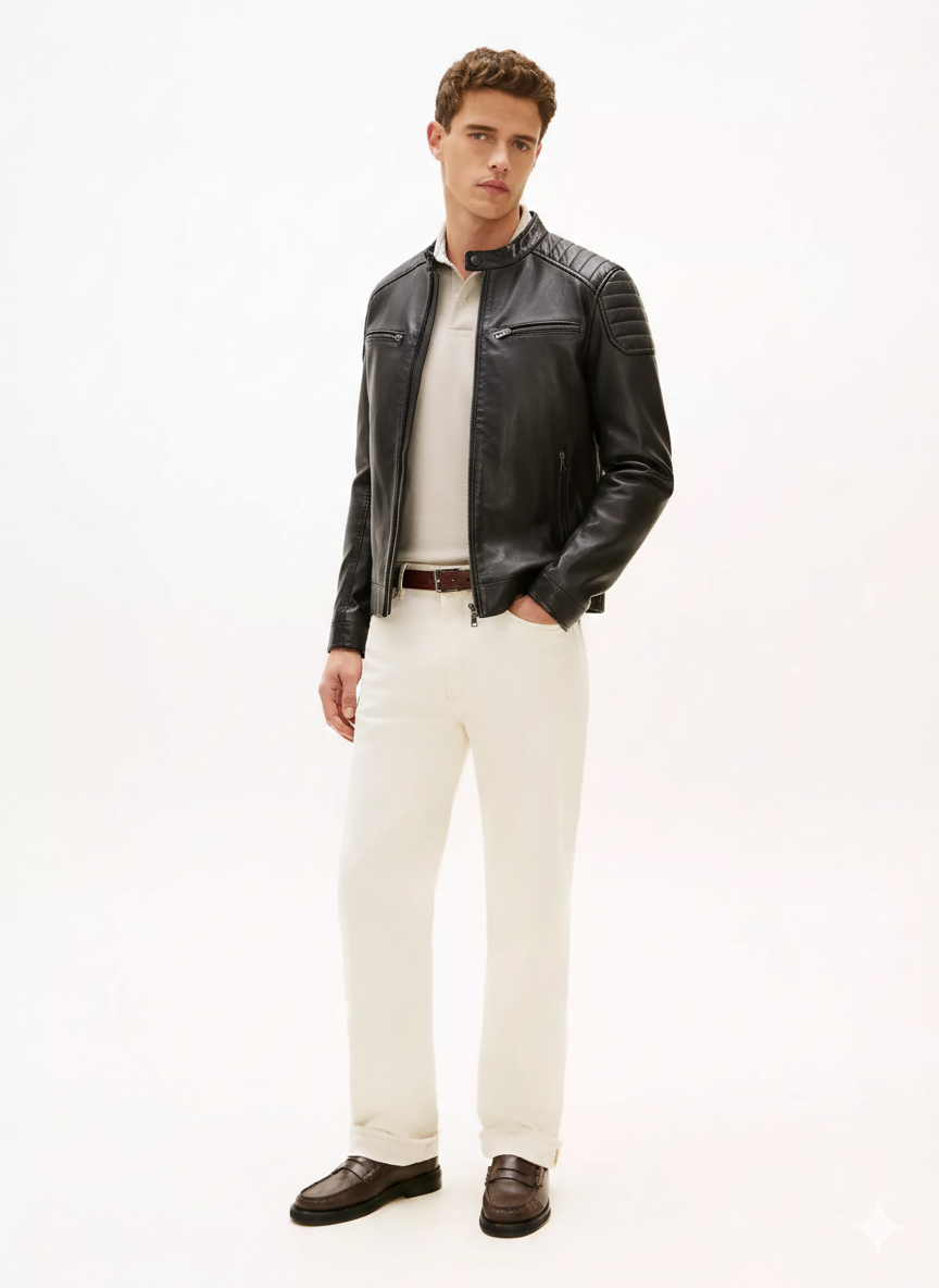 Men's Slim Fit Biker Leather Jacket - Racer
