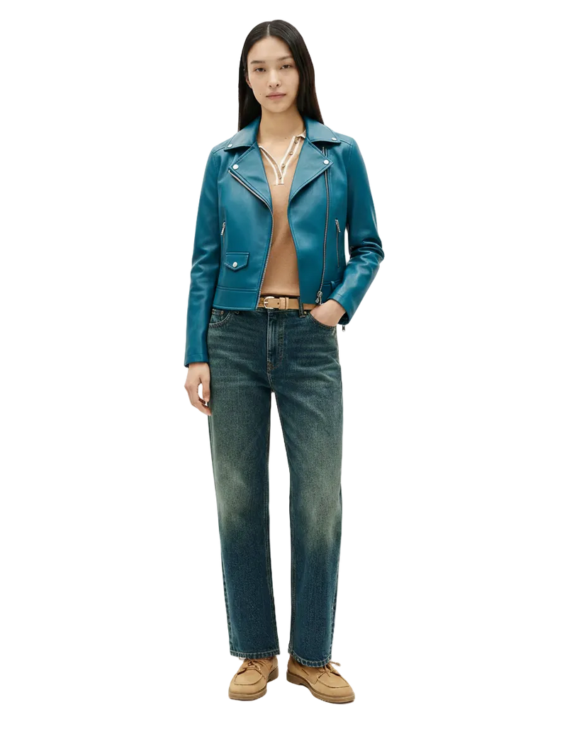Women's blue longline leather biker jacket with mid-thigh length and high collar