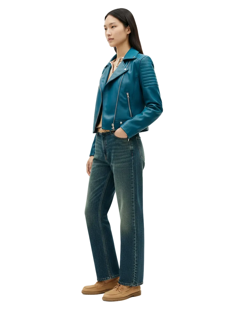 Close-up of the concealed fly front and YKK zipper on a blue sheep nappa jacket