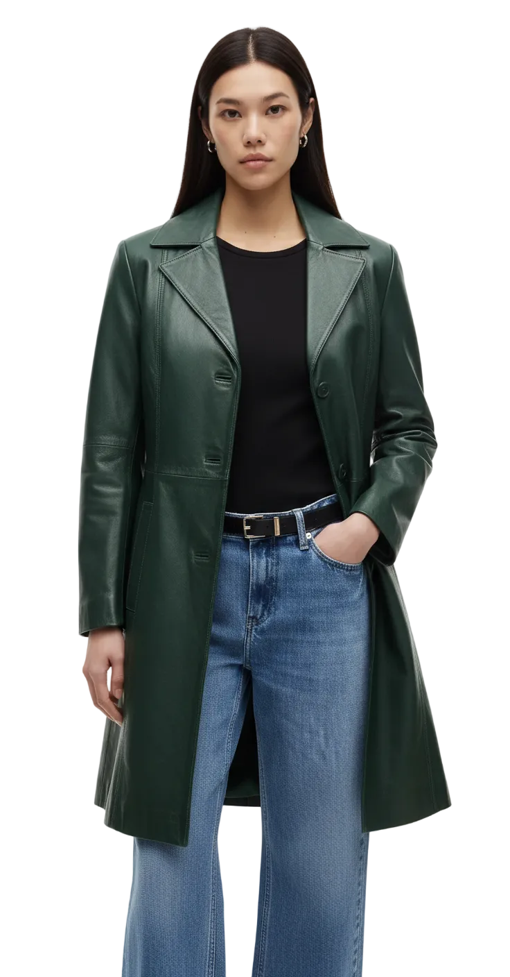 Women's green nappa leather trench coat with buckled belt and rounded lapels