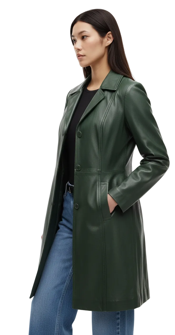 Close-up of the aniline leather grain and shooting panel on a green sheepskin trench coat