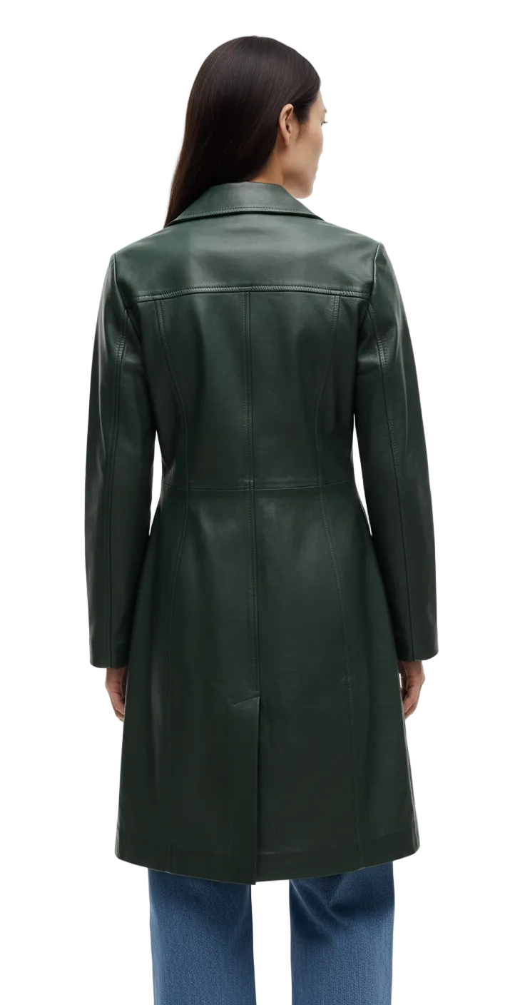 Rear view of a belted green leather trench jacket showing the cinched waist and tailored seams