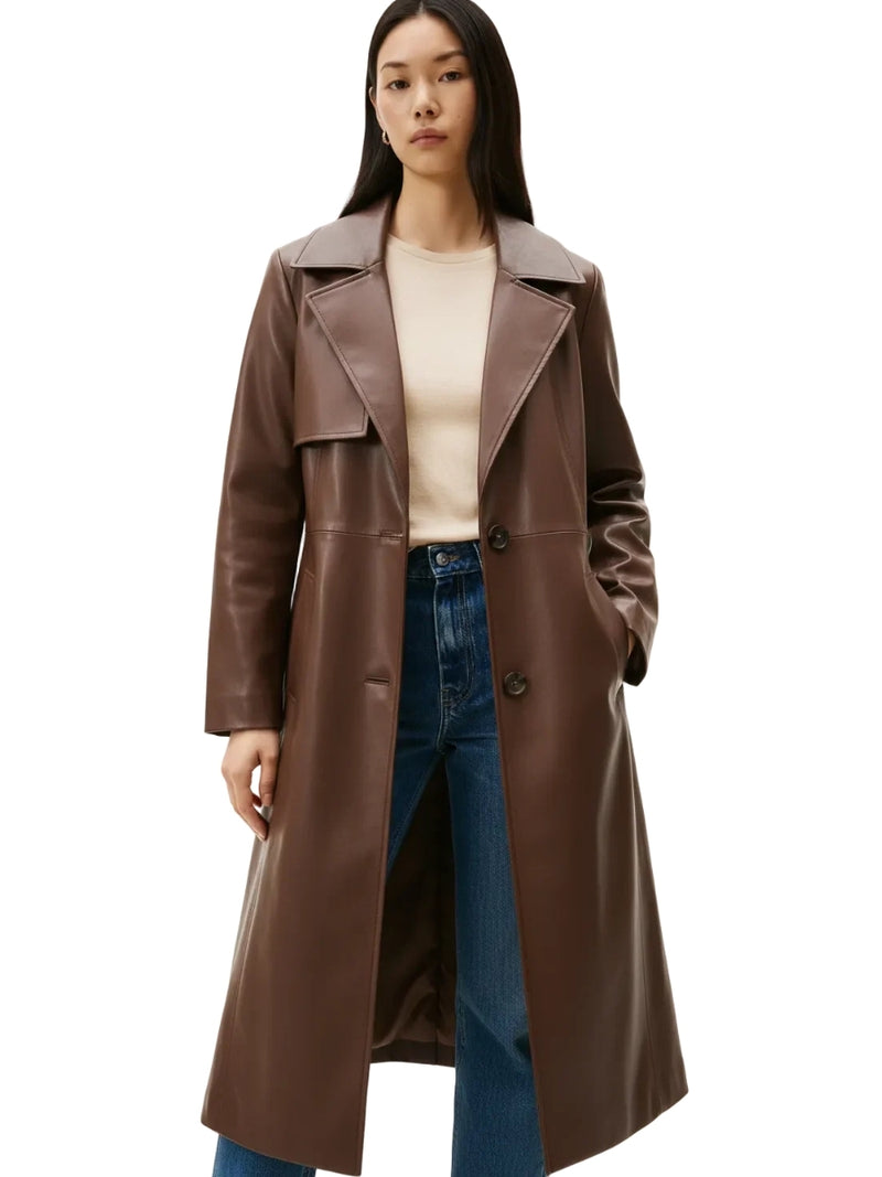 Women's Long Brown Leather Trench Coat | Supple Nappa | Bull Armour