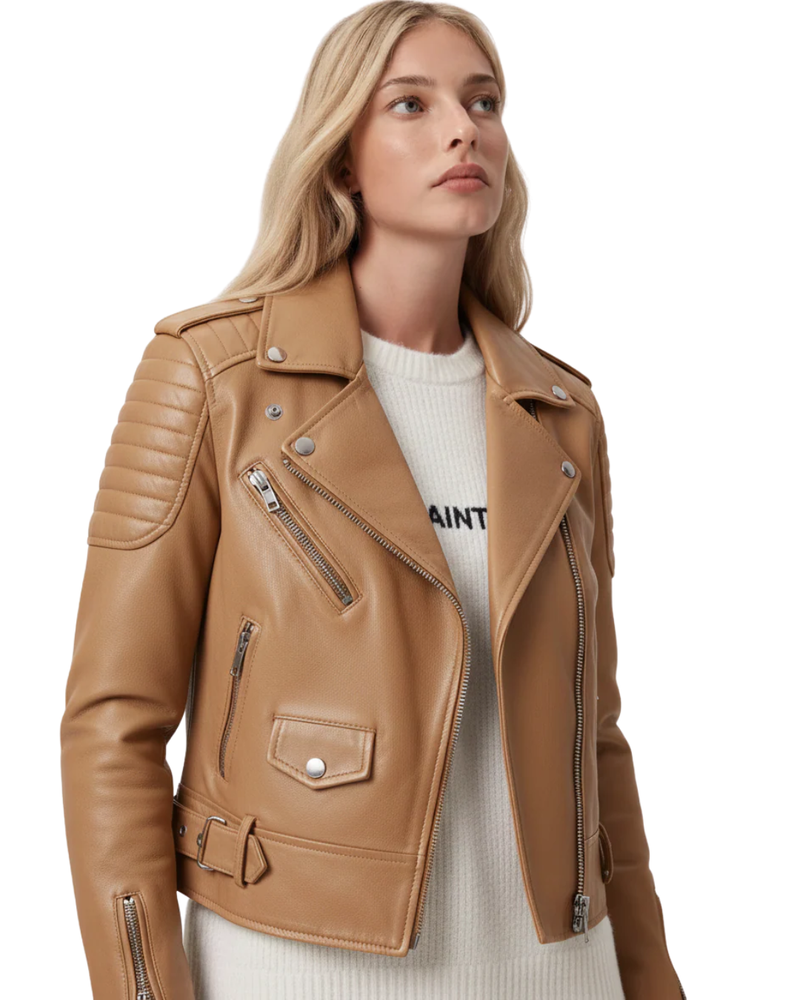 Women's Tan Motorcycle Leather Jacket