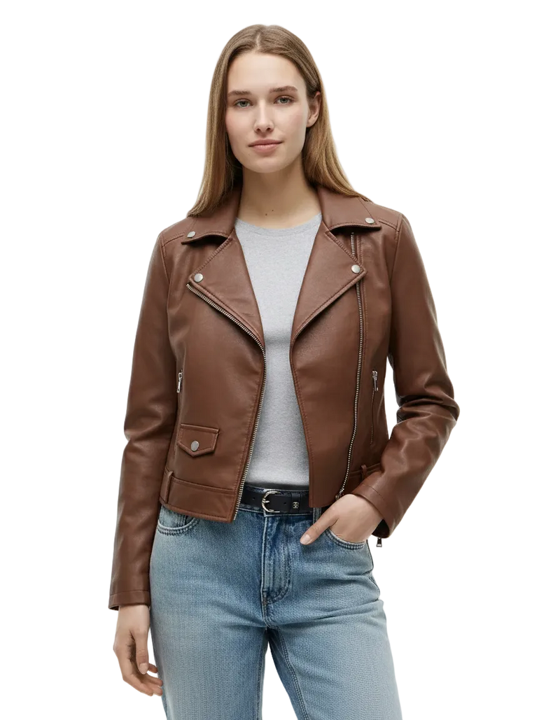 Women's brown leather biker jacket front view with asymmetric silver cross zip