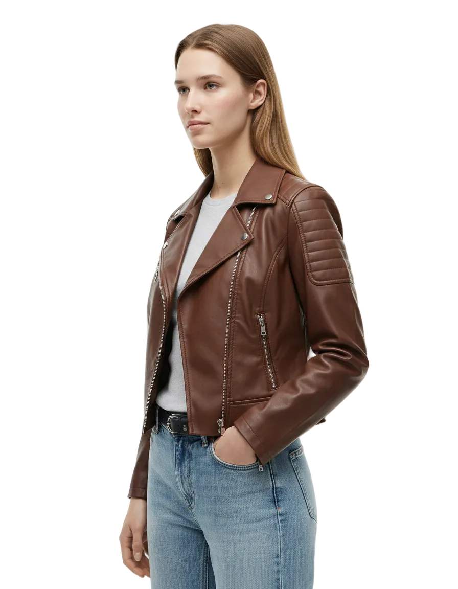 Close-up of chrome finish zippers and reversed lapels on a brown leather moto jacket