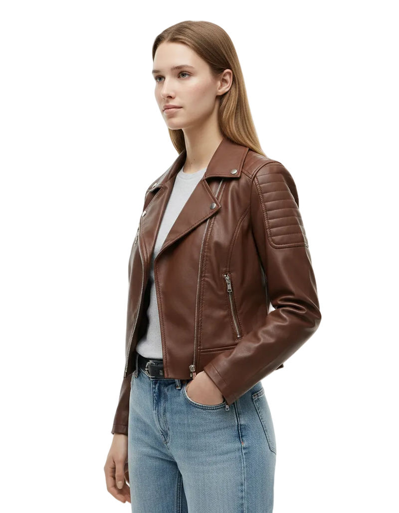 Close-up of chrome finish zippers and reversed lapels on a brown leather moto jacket