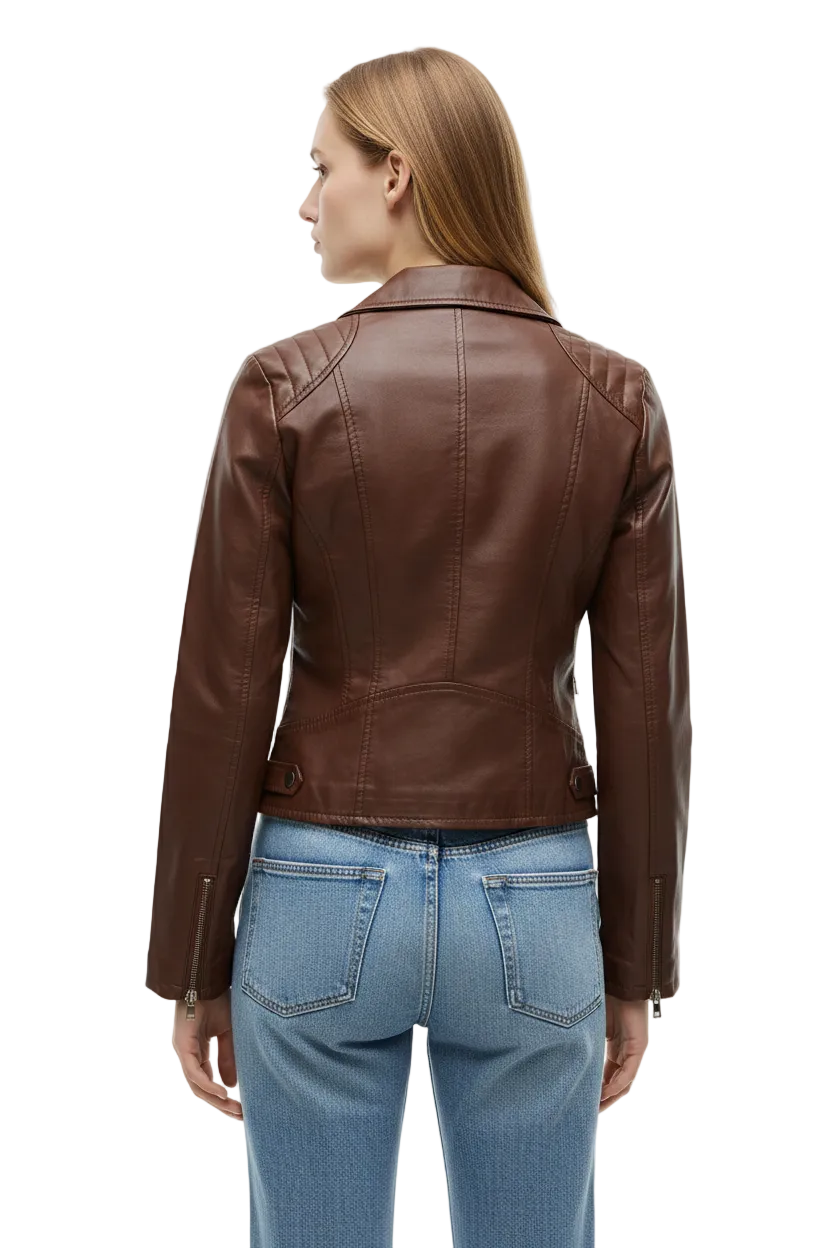 Back view of a women's brown leather biker jacket showing track stitch lumber detailing