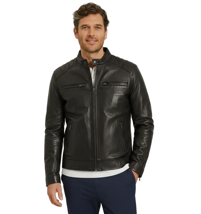 Men's brown lambskin leather bomber jacket front view with tab collar