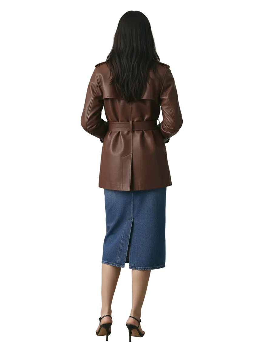Woman wearing a brown leather coat and blue skirt against a plain background