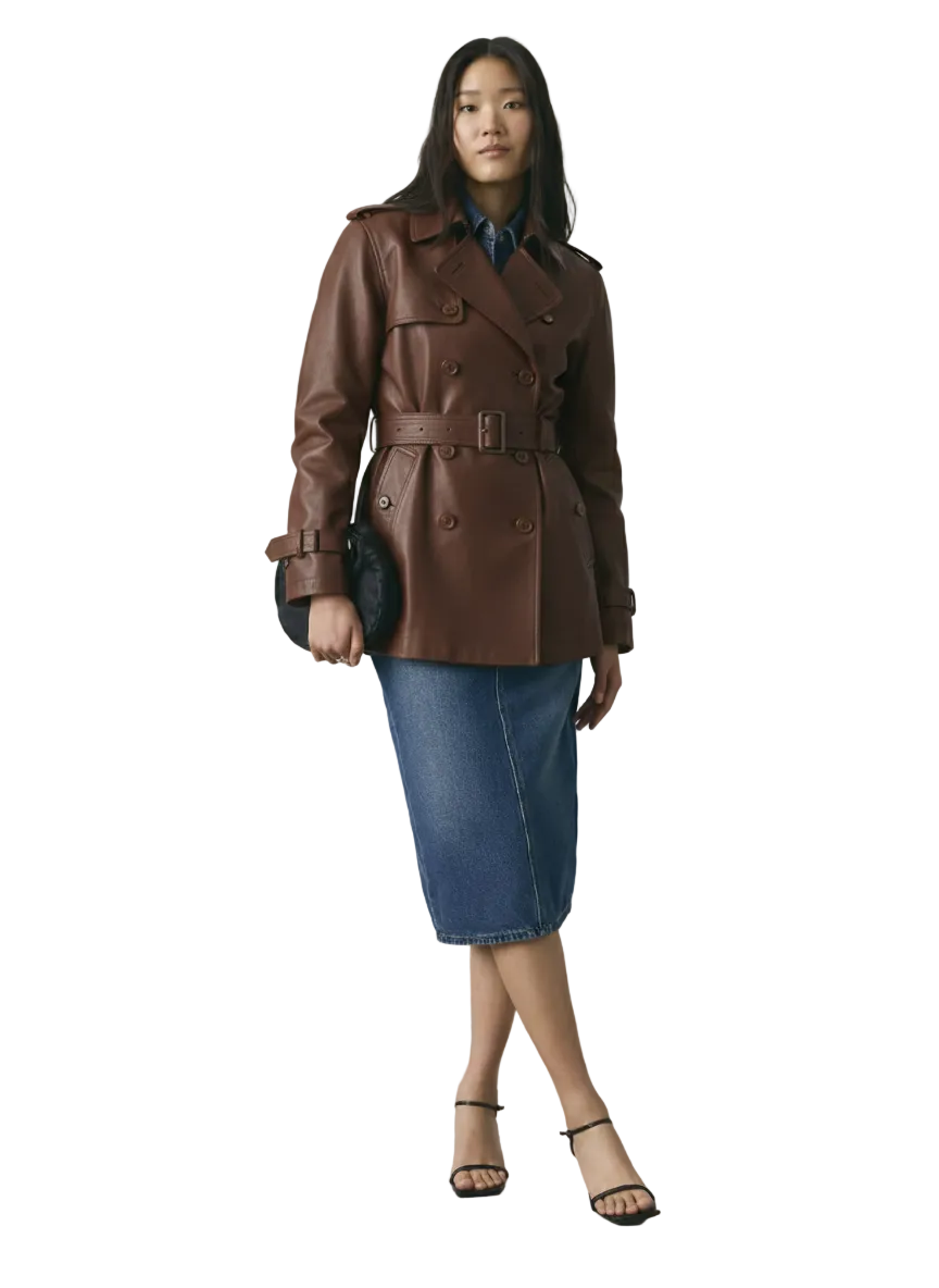 Women's shorter burgundy nappa leather trench coat front view with belted waist