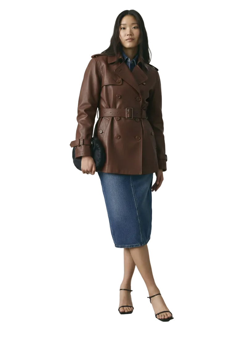 Women's shorter burgundy nappa leather trench coat front view with belted waist