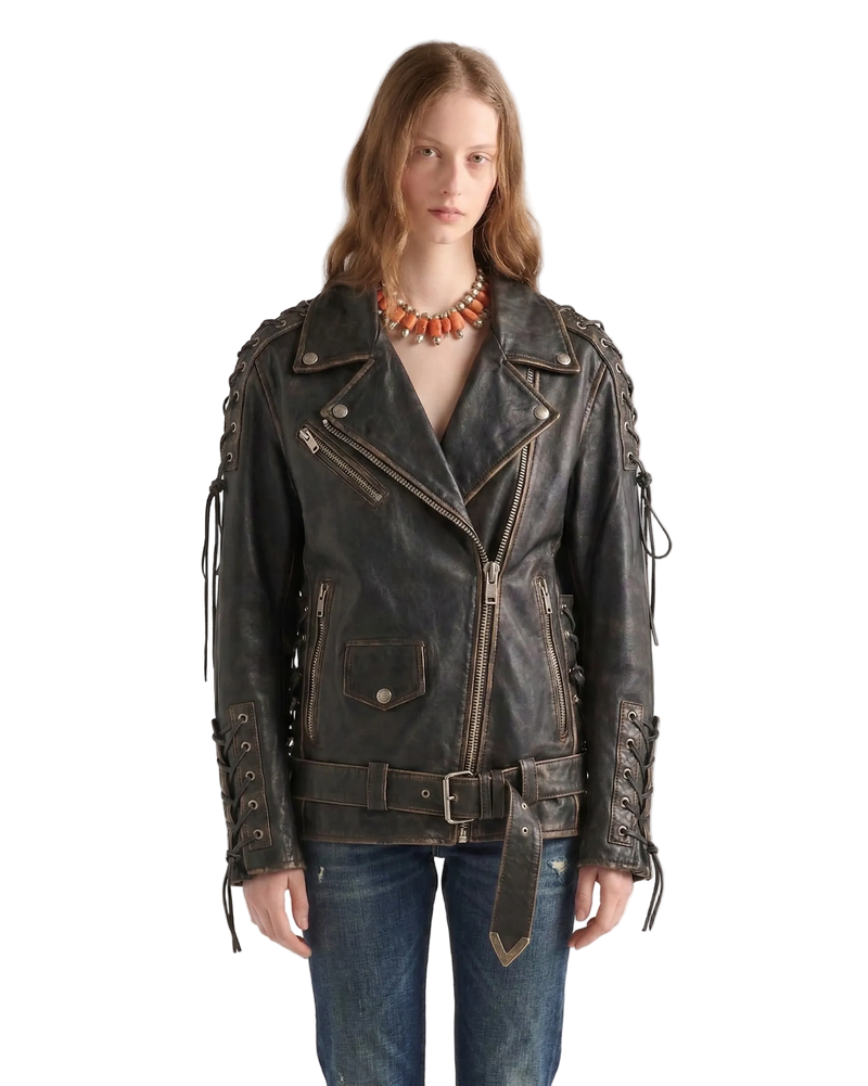 Close-up of the large embossed eagle and "Ride to Live" text on vintage sheep nappa leather.