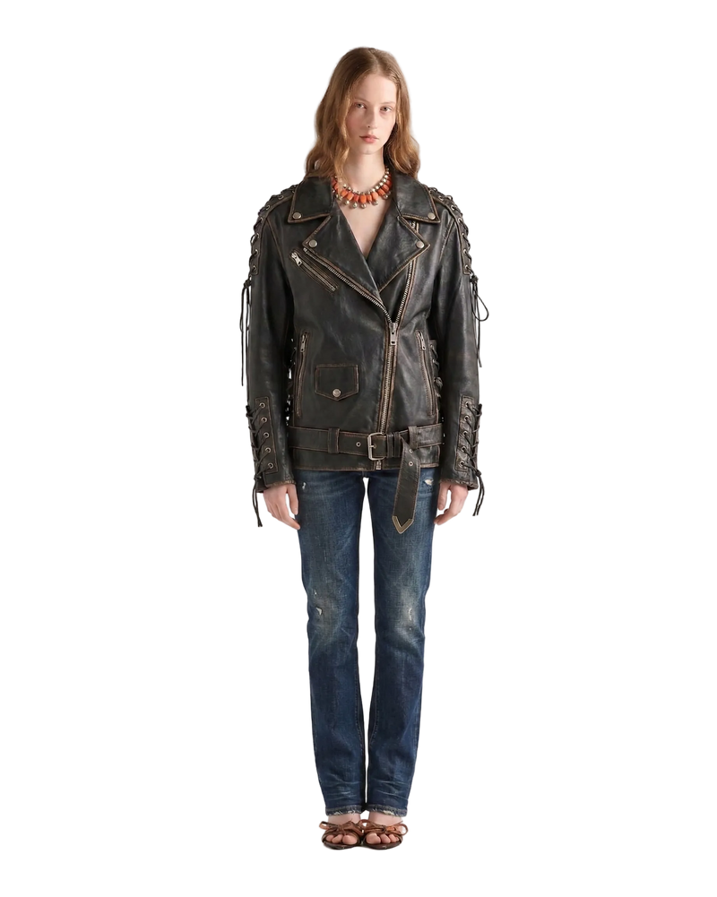 Women's Fairview black vintage leather biker jacket with "Ride to Live" embossed eagle on the back.