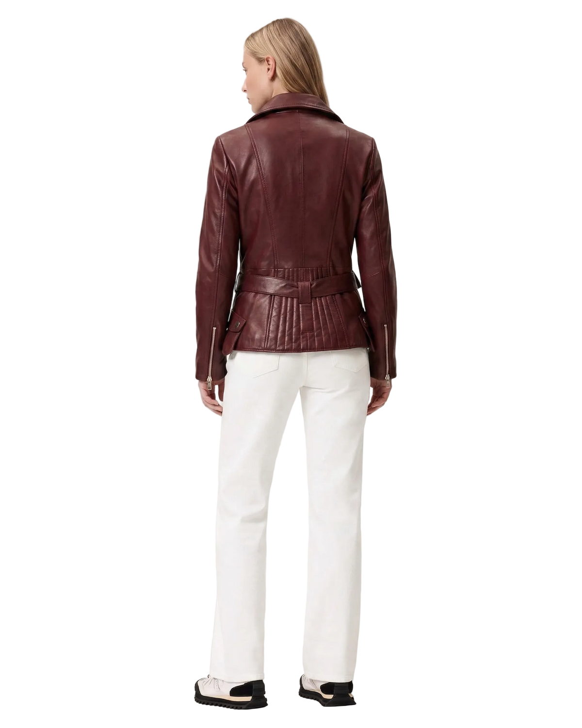 Rear view of the slim-fit burgundy leather biker jacket showing the short, tailored silhouette