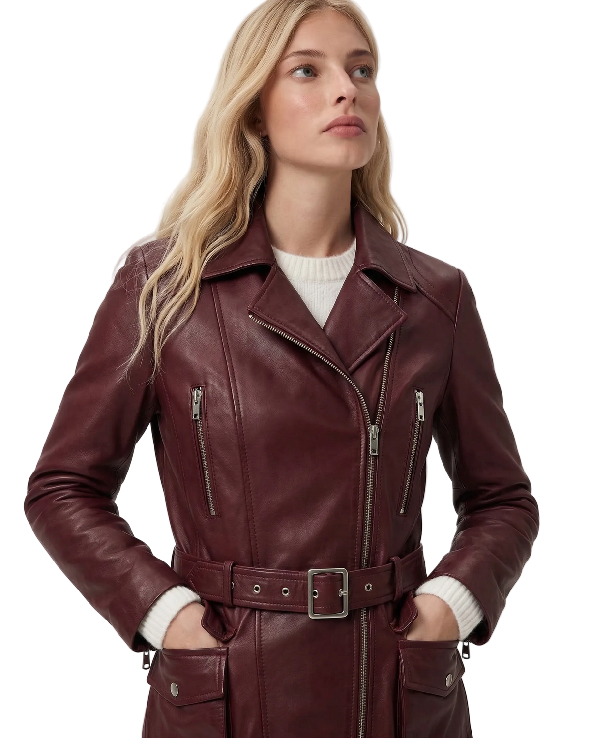 Close-up of the articulated elbow seams and zipped gauntlet cuffs on a burgundy leather jacket