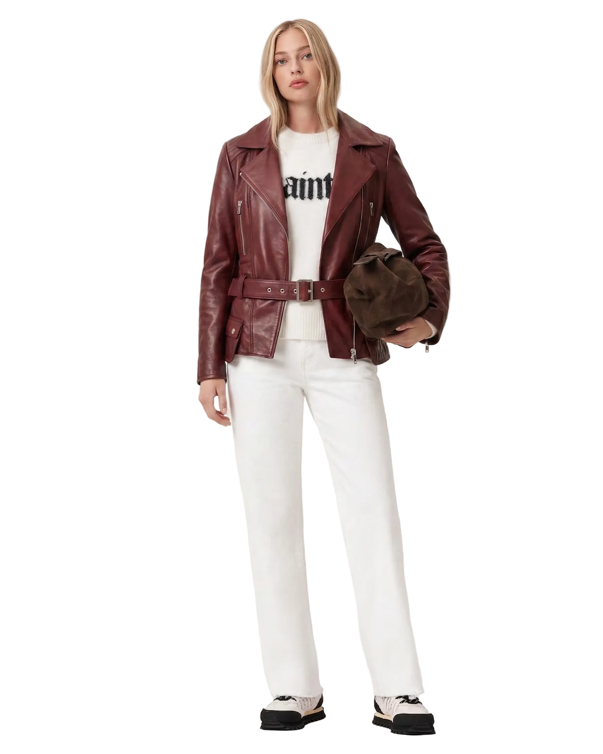 Women's burgundy sheep aniline leather biker jacket front view with off-center YKK zip and notched lapels