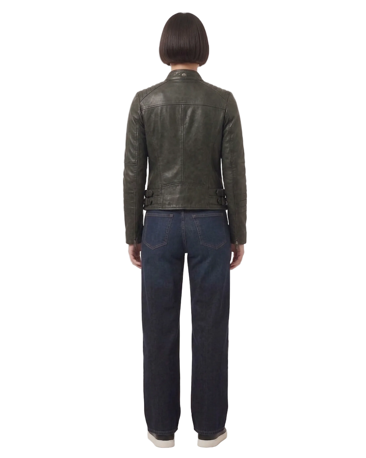 Back view of a tailored women's nappa leather jacket showing the 21-inch length and clean lines