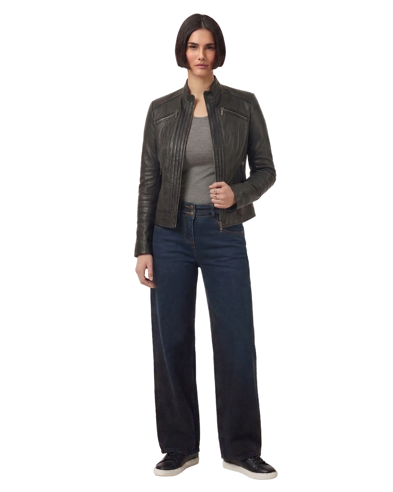 Women's black nappa leather jacket with Mandarin collar and semi-fitted silhouette