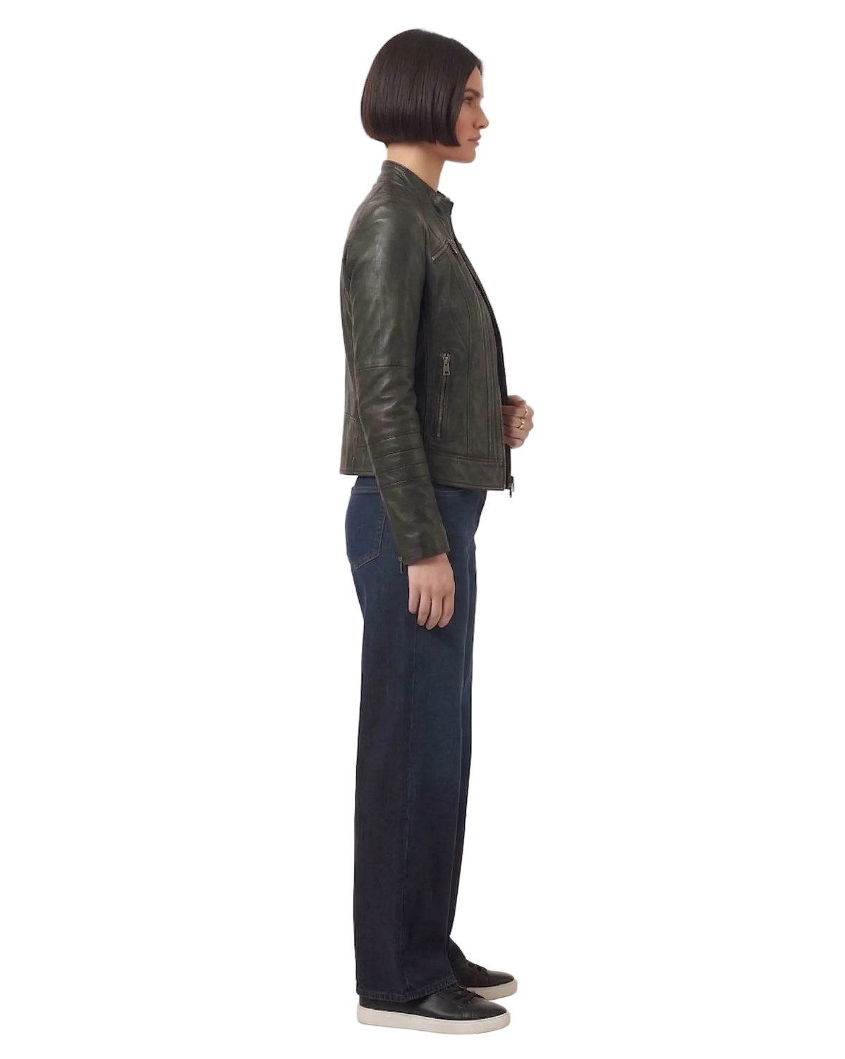 Close-up of top-grade black nappa leather texture and horizontal YKK zip chest pockets