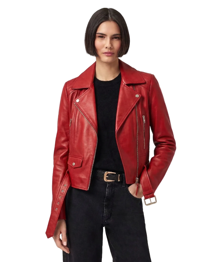 Person wearing a red leather jacket on a gray background