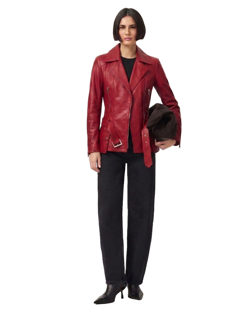 Women's longer length red nappa leather biker jacket with asymmetric zip and suspended patch pockets